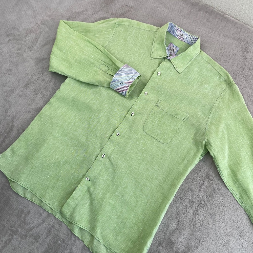 Peter Millar Flip Cuffs Shirt Men Large Pistachio 100% Linen Long Sleeve Preppy